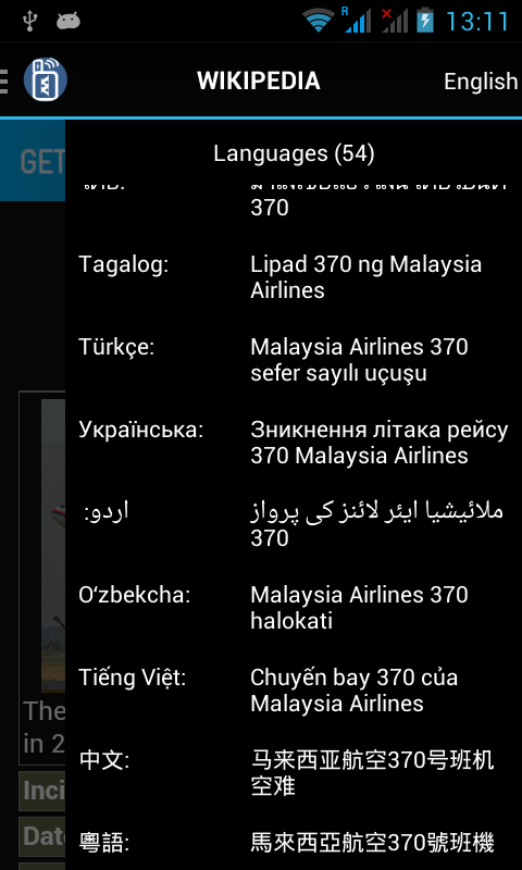 Language links for MH370